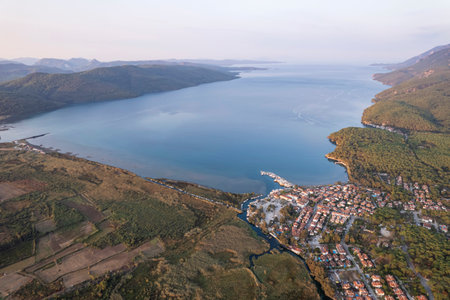 (Akyaka District in Ula, Mugla, Turkey. Aerial view of Akyaka. Akyaka is situated at the Gulf of Gokova. Beautiful beach and coast view. very worth it)の写真素材
