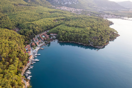 (BirAkyaka District in Ula, Mugla, Turkey. Aerial view of Akyaka. Akyaka is situated at the Gulf of Gokova. Beautiful beach and coast view. very worth it)の写真素材