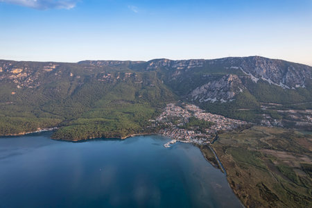 (BirAkyaka District in Ula, Mugla, Turkey. Aerial view of Akyaka. Akyaka is situated at the Gulf of Gokova. Beautiful beach and coast view. very worth it)の写真素材