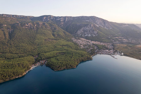 (BirAkyaka District in Ula, Mugla, Turkey. Aerial view of Akyaka. Akyaka is situated at the Gulf of Gokova. Beautiful beach and coast view. very worth it)の写真素材