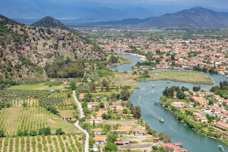 Turkey touristic area Dalyan Ortaca, Kaunos rock tombs in Dalyan, ancient city of Kaunos, Dalyan valley, Turkey. Caunos (Latin: Caunus) was a city in ancient Caria and Anatolia.の写真素材