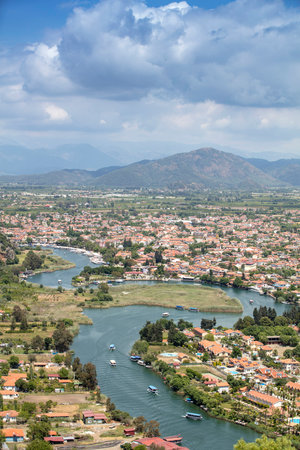 Turkey touristic area Dalyan Ortaca, Kaunos rock tombs in Dalyan, ancient city of Kaunos, Dalyan valley, Turkey.の写真素材