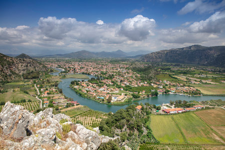 Turkey touristic area Dalyan Ortaca, Kaunos rock tombs in Dalyan, ancient city of Kaunos, Dalyan valley, Turkey. Caunos (Latin: Caunus) was a city in ancient Caria and Anatolia.の写真素材