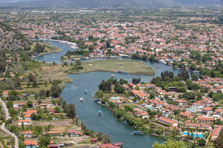 Turkey touristic area Dalyan Ortaca, Kaunos rock tombs in Dalyan, ancient city of Kaunos, Dalyan valley, Turkey.の写真素材