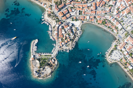 Datca city beach and marina aerial panoramic view. Datca is a resort town near Marmaris city in Mugla Province, Turkey.の写真素材