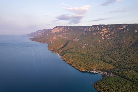 (BirAkyaka District in Ula, Mugla, Turkey. Aerial view of Akyaka. Akyaka is situated at the Gulf of Gokova. Beautiful beach and coast view.)の写真素材