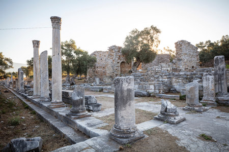View of the ruins of Iasos Ancient City in the morning sun. KÄ±yÄ±kÄ±ÅŸlacÄ±k, Milas,...