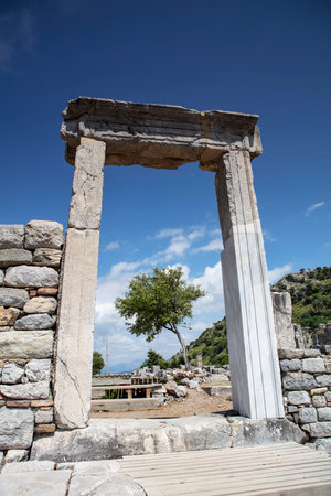 Turkey touristic area Dalyan Ortaca, Kaunos rock tombs in Dalyan, ancient city of Kaunos, Dalyan valley, Turkey. Caunos (Latin: Caunus) was a city in ancient Caria and Anatolia.の写真素材