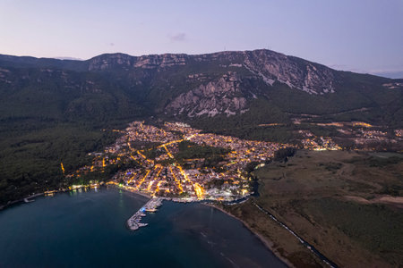 (BirAkyaka District in Ula, Mugla, Turkey. Aerial view of Akyaka. Akyaka is situated at the Gulf of Gokova. Beautiful beach and coast view. very worth it)の写真素材