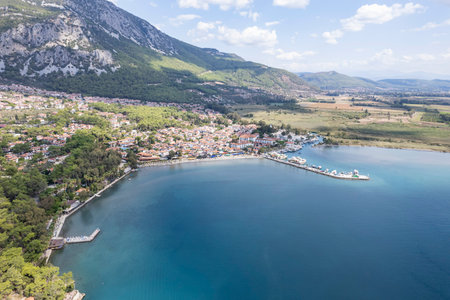 (BirAkyaka District in Ula, Mugla, Turkey. Aerial view of Akyaka. Akyaka is situated at the Gulf of Gokova. Beautiful beach and coast view. very worth it)の写真素材