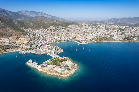 Datca city beach and marina aerial panoramic view. Datca is a resort town near Marmaris city in Mugla Province, Turkey.の写真素材