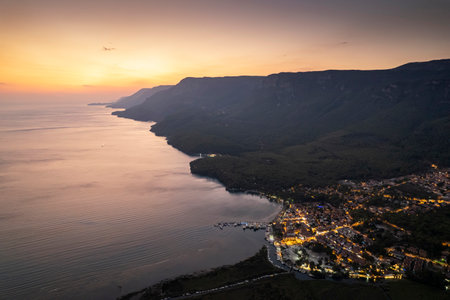(BirAkyaka District in Ula, Mugla, Turkey. Aerial view of Akyaka. Akyaka is situated at the Gulf of Gokova. Beautiful beach and coast view. very worth it)の写真素材