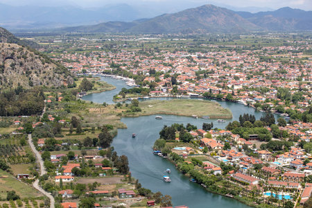 Turkey touristic area Dalyan Ortaca, Kaunos rock tombs in Dalyan, ancient city of Kaunos, Dalyan valley, Turkey. Caunos (Latin: Caunus) was a city in ancient Caria and Anatolia.の写真素材