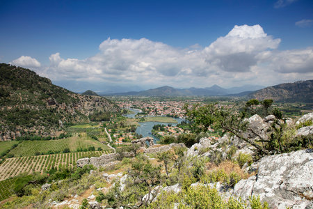 Turkey touristic area Dalyan Ortaca, Kaunos rock tombs in Dalyan, ancient city of Kaunos, Dalyan valley, Turkey. Caunos (Latin: Caunus) was a city in ancient Caria and Anatolia.の写真素材
