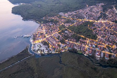 (Aerial view of Akyaka. Akyaka is situated at the Gulf of Gokova. Beautiful beach and coast view. very worth it)の写真素材