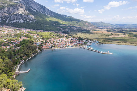 (BirAkyaka District in Ula, Mugla, Turkey. Aerial view of Akyaka. Akyaka is situated at the Gulf of Gokova. Beautiful beach and coast view. very worth it)の写真素材