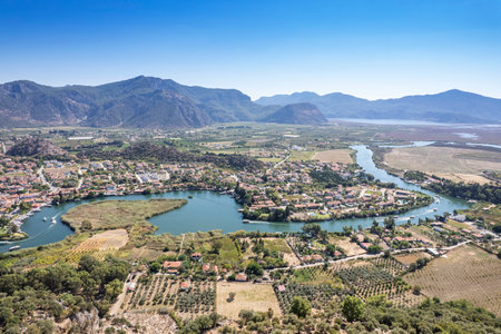 Turkey touristic area Dalyan Ortaca, Kaunos rock tombs in Dalyan, ancient city of Kaunos, Dalyan valley, Turkey.の写真素材