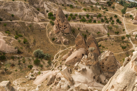 View of Uchisar Castle valley, Ancient town Anatolia amazing landscape, Travel of Turkey Goreme Cappadocia Turkiye, popular tourist destination world heritage unesco.の写真素材