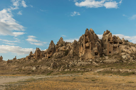 View of Uchisar Castle valley, Ancient town Anatolia amazing landscape, Travel of Turkey Goreme Cappadocia Turkiye, popular tourist destination world heritage unesco.の写真素材