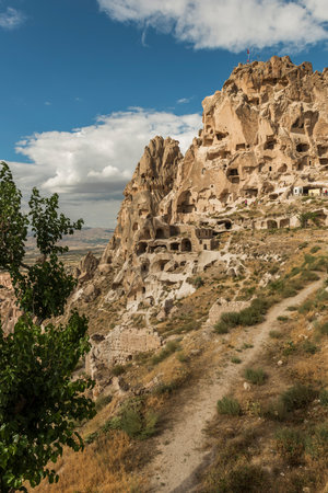 View of Uchisar Castle valley, Ancient town Anatolia amazing landscape, Travel of Turkey Goreme Cappadocia Turkiye, popular tourist destination world heritage unesco.の写真素材