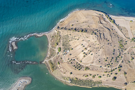 Myrina Sebatepolis Ancient City, Aliaga . Turkey, izmir. A new archaeological site. Turkey Izmir Aliaga aerial view of the city and the sea.の写真素材