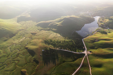 Aerial drone panorama landscape photo of Persembe Plateau (aka PerÅŸembe Yaylasi), creek meander...