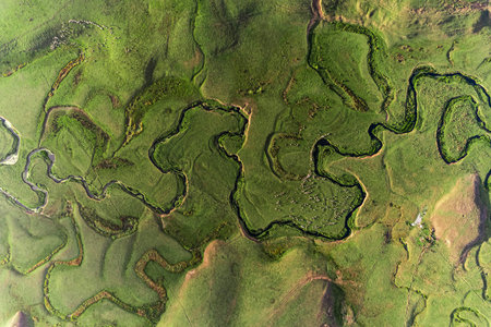 Aerial drone panorama landscape photo of Persembe Plateau (aka PerÅŸembe Yaylasi), creek meander...