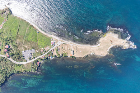 Aerial drone panorama landscape of Cape Yason and its lighthouse. Located at Persembe, Ordu, Black Sea region of Turkey.の写真素材