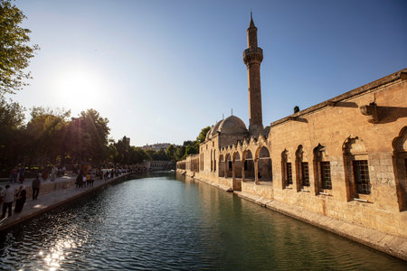 Balikligol (The Fish Lake) in Sanliurfa, Turkey. Panorama of the Pool of Abraham or Pool of Sacred...