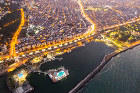 Aerial city center and port at night. Samsun, Turkeyの写真素材