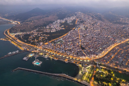 Aerial city center and port at night. Samsun, Turkeyの写真素材