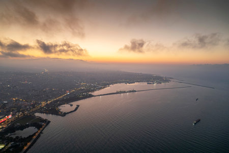 Aerial city center and port at night. Samsun, Turkeyの写真素材