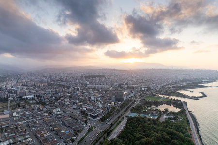 Aerial city center and port at night. Samsun, Turkeyの写真素材