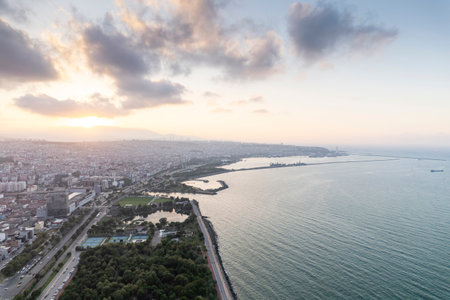 Aerial city center and port at night. Samsun, Turkeyの写真素材
