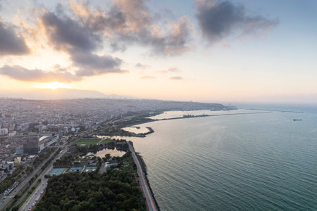 Aerial city center and port at night. Samsun, Turkeyの写真素材