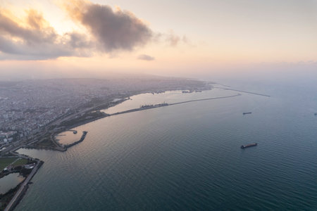 Aerial city center and port at night. Samsun, Turkeyの写真素材