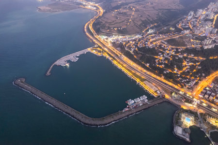 Aerial city center and port at night. Samsun, Turkeyの写真素材