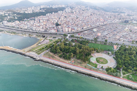 Aerial city center and port at night. Samsun, Turkeyの写真素材