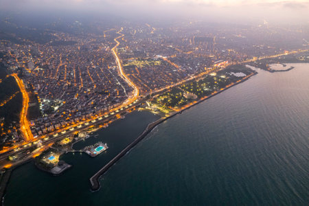Aerial city center and port at night. Samsun, Turkeyの写真素材