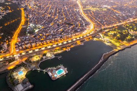 Aerial city center and port at night. Samsun, Turkeyの写真素材