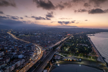 Aerial city center and port at night. Samsun, Turkeyの写真素材