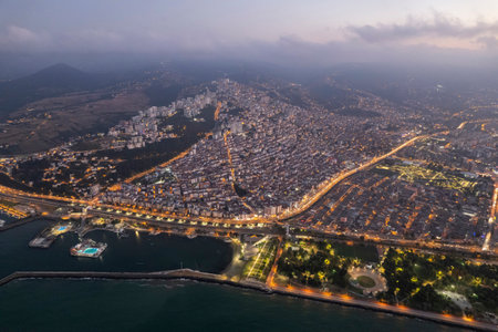 Aerial city center and port at night. Samsun, Turkeyの写真素材