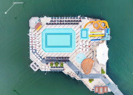 Aerial city center and port at night.の写真素材