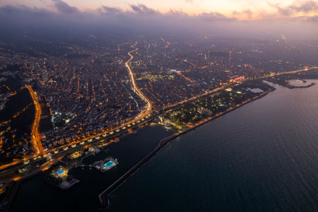 Aerial city center and port at night. Samsun, Turkeyの写真素材