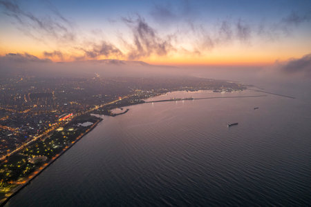 Aerial city center and port at night. Samsun, Turkeyの写真素材
