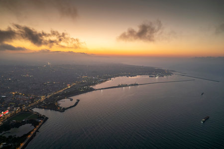 Aerial city center and port at night. Samsun, Turkeyの写真素材