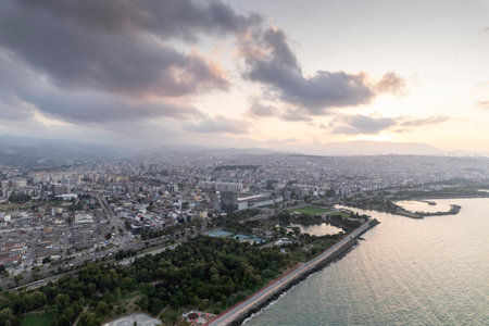 Aerial city center and port at night. Samsun, Turkeyの写真素材