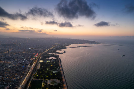 Aerial city center and port at night. Samsun, Turkeyの写真素材