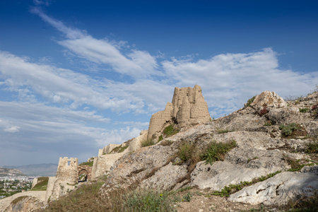 Ancient Van Castle in Turkey, also known as Tushba Castle (Van Castle) with the background of panoramic view of Van City and snowy Erek Mountain.の写真素材