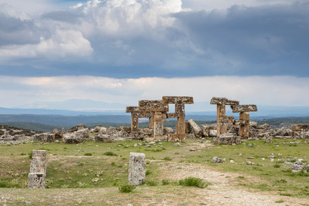 Blaundus ruins in Ulubey district of UÅak. Ancient city ruins of the Roman Empire. Historical ruins at sunset. The ancient city was in the Roman province of Lydia. Usak, Turkey.の写真素材